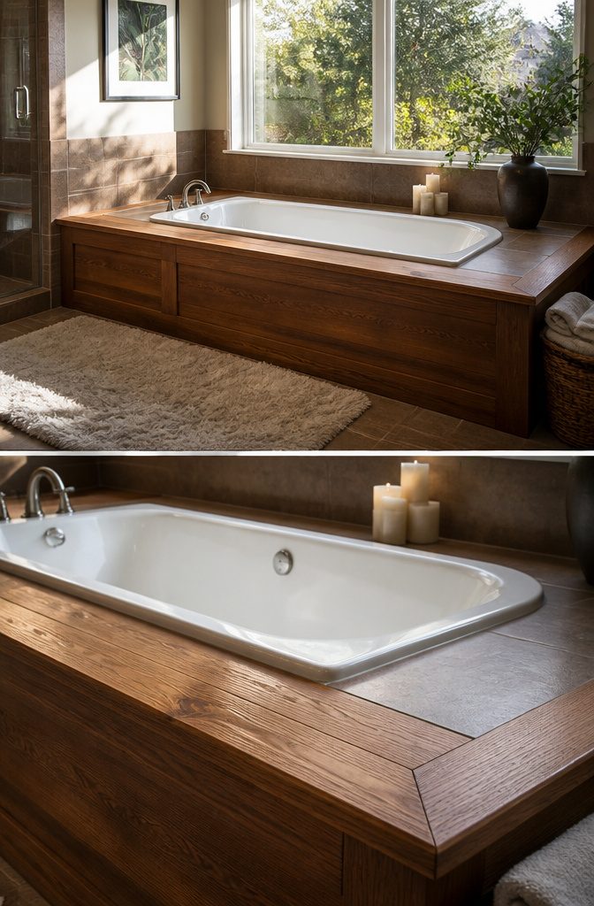 A drop-in tub displayed within a framed deck or platform.