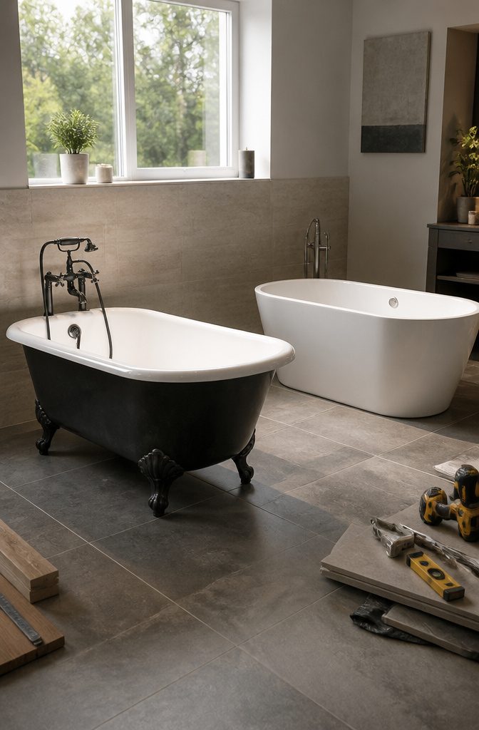 A heavy cast iron bathtub alongside a lightweight acrylic model.