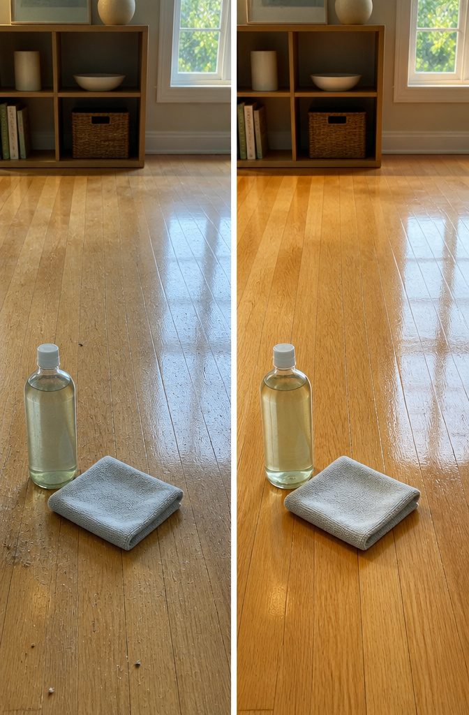 A bottle of Bona cleaner on a hardwood floor.