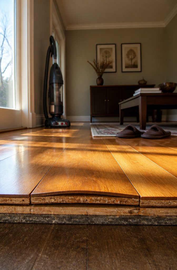 A cross-section of a hardwood floor showing moisture damage effects.