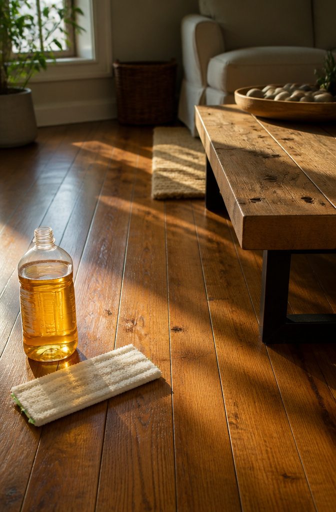 An open bottle of Murphy's Oil Soap next to an aged hardwood floor.