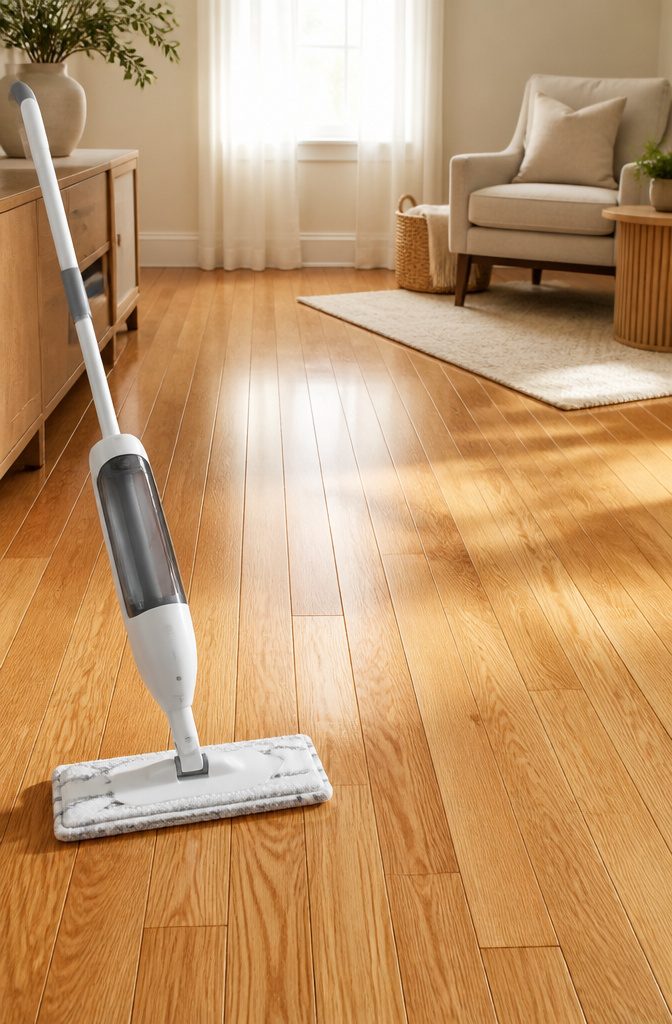 A Swiffer PowerMop next to a sealed hardwood floor with a natural oak finish.