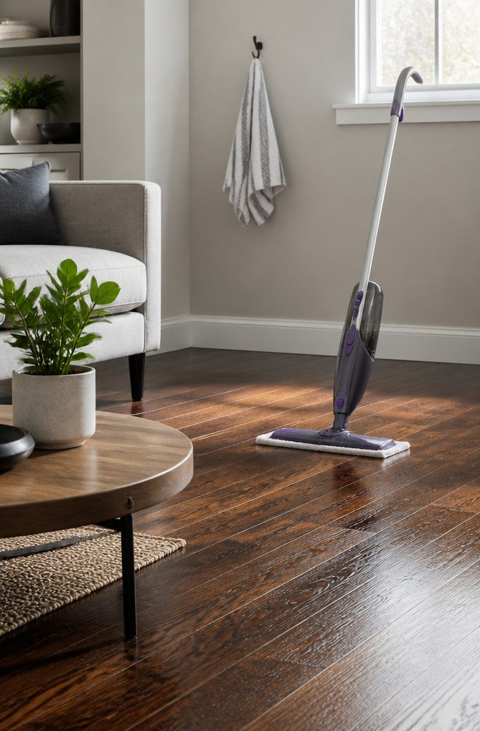 A Swiffer WetJet on a finished hardwood floor with a semi-gloss sheen.