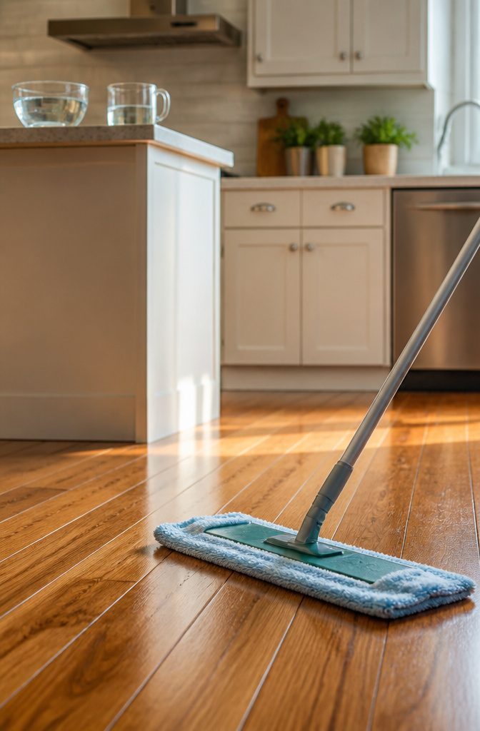 A barely damp microfiber cloth with vinegar on polished hardwood flooring.
