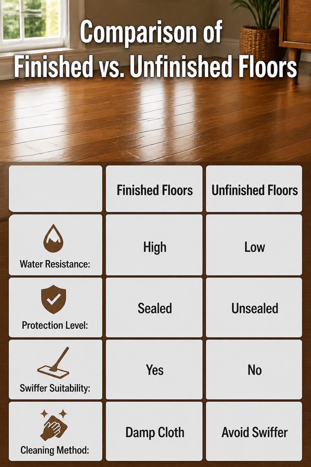 An infographic comparing finished and unfinished hardwood floors.