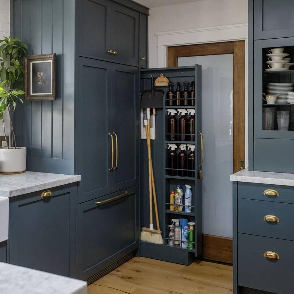 Narrow pull-out cabinet storing a broom, dustpan, and cleaning supplies in a kitchen.