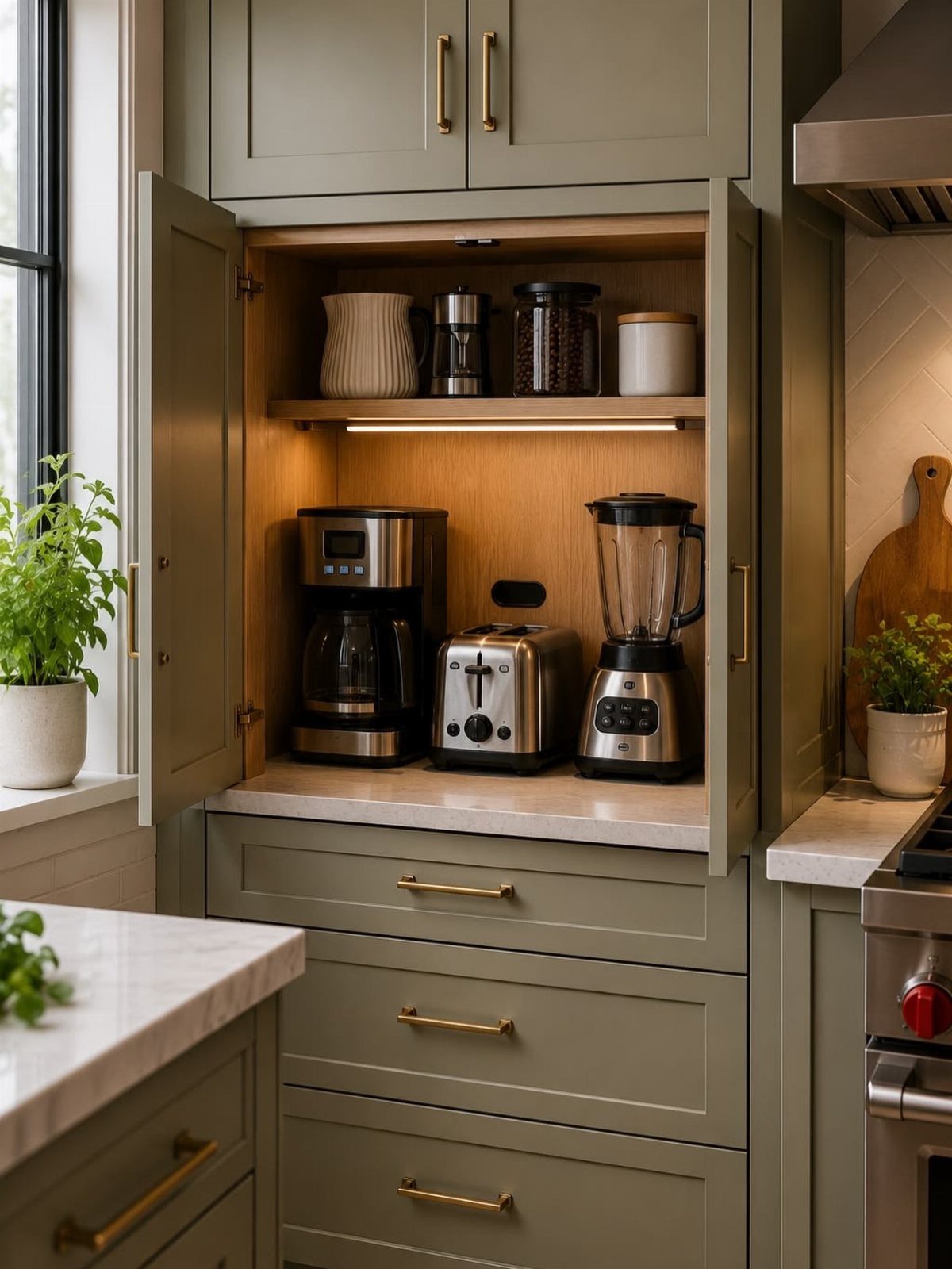 Sage green kitchen cabinet with open doors concealing a coffee maker, toaster, and blender.
