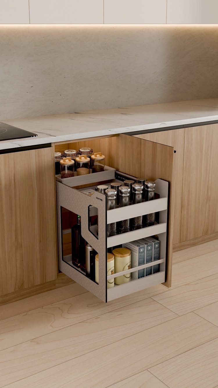 Narrow pull-out spice rack with two tiers of jars inside a wooden cabinet.
