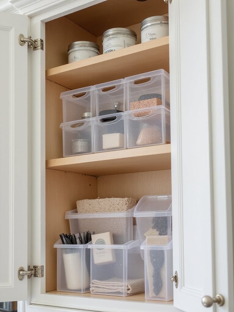 Clear plastic storage bins organizing supplies inside a white kitchen cabinet with wooden shelves.