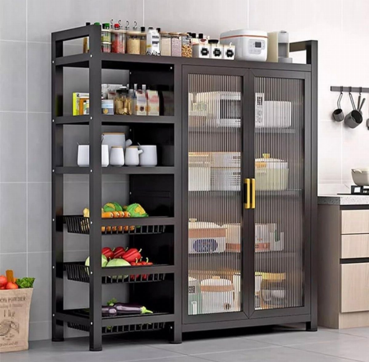 Black metal freestanding pantry cabinet with ribbed glass doors and open wire shelving
