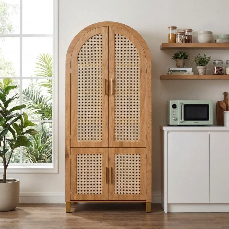 Arched light-wood kitchen cabinet with woven rattan mesh door inserts in a bright room.