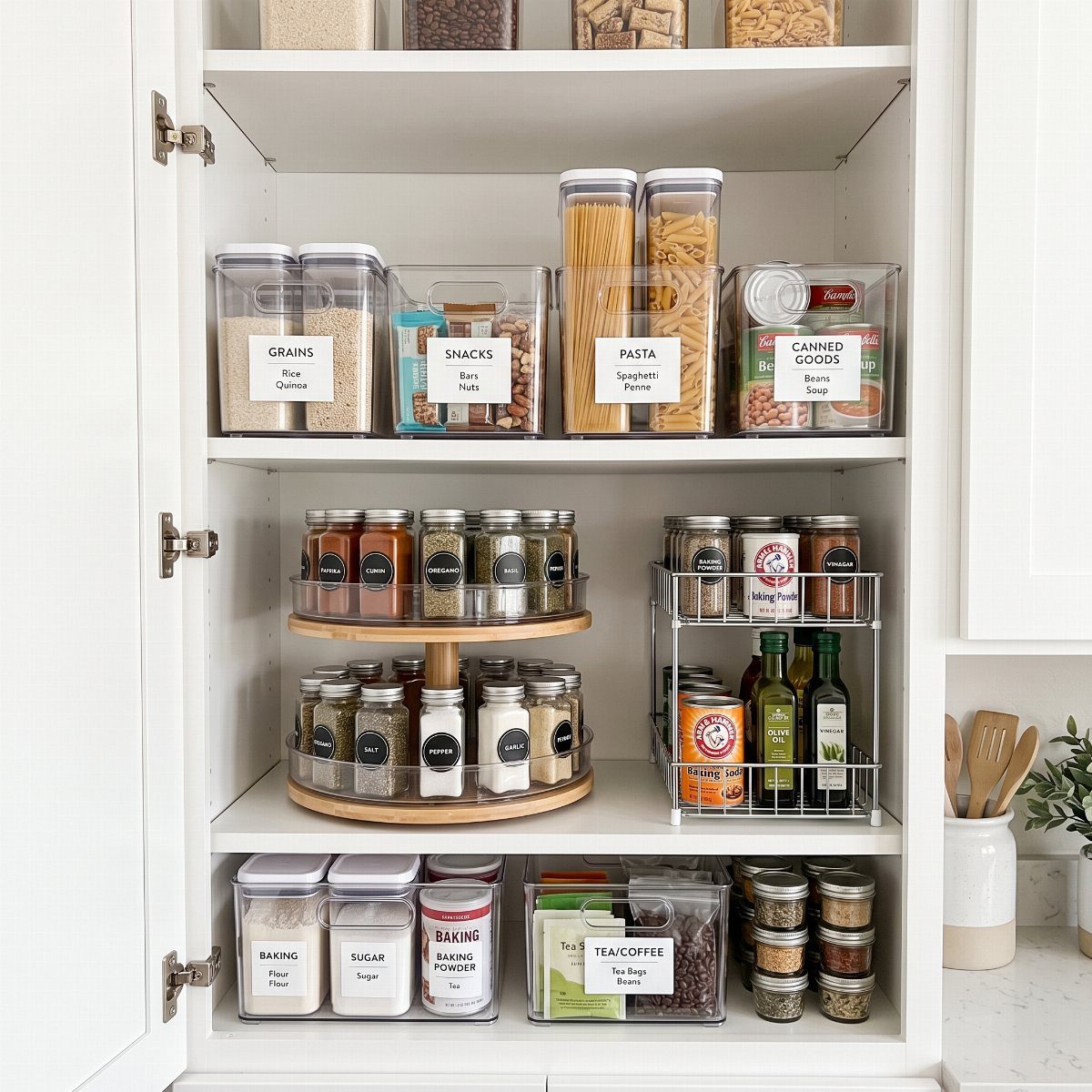 Open white kitchen cabinet organized with clear bins, a lazy Susan, and spice racks.