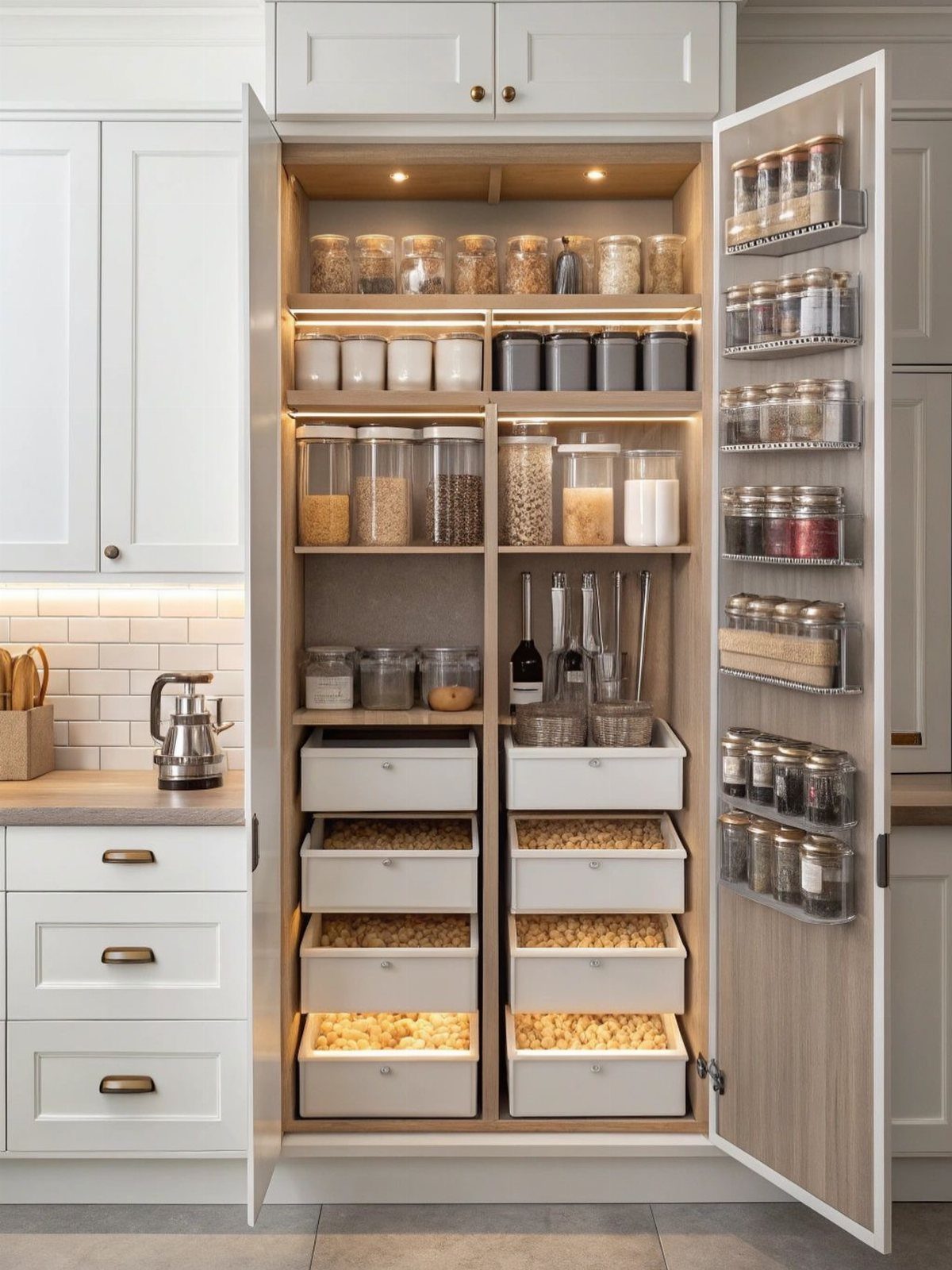 Tall white pantry cabinet with open doors showing organized shelves and pull-out drawers.