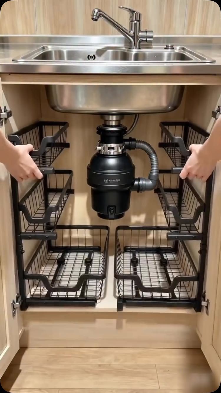 Black wire pull-out baskets installed inside a light wood kitchen sink cabinet.