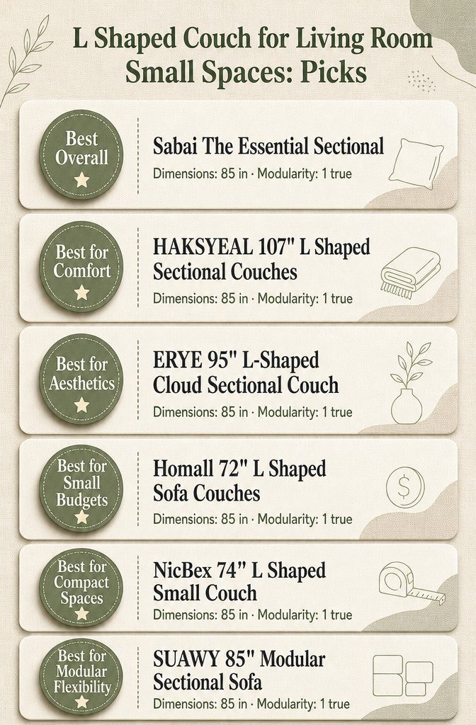 Infographic comparing different L-shaped couches for small spaces.