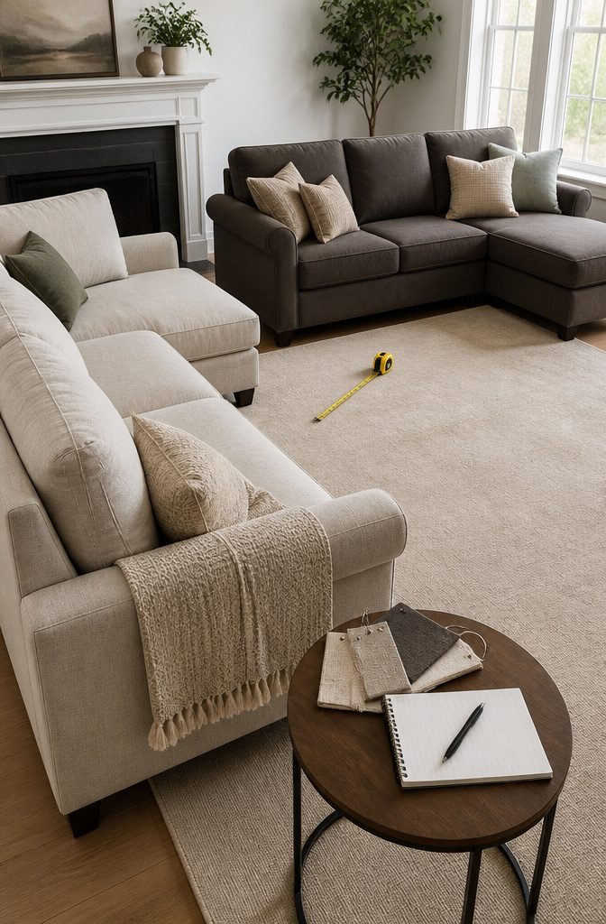Measuring tape next to a small L-shaped couch in a living room.