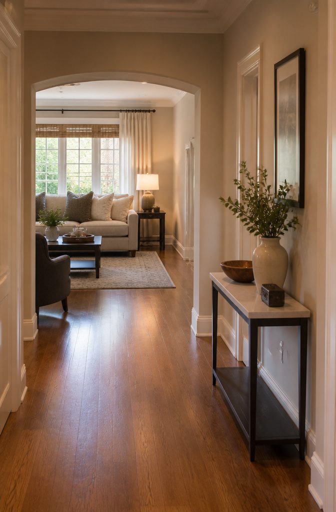 An inviting living room contrasted with a functional hall area.