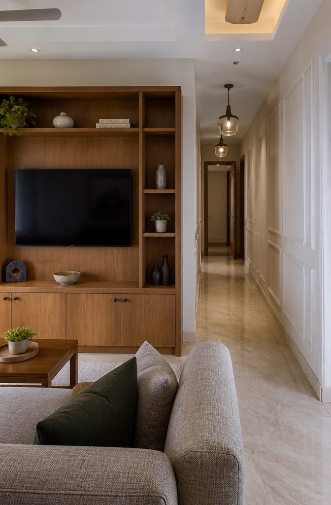 Living room built-ins made of plywood next to MDF wall panels.