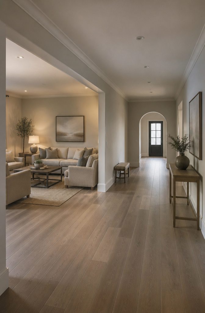 A compact living room and a spacious hall area.