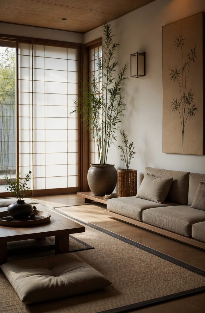 A minimalist living room inspired by Japanese design elements.
