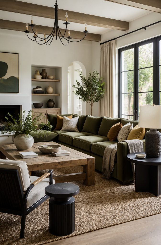An elegantly designed living room with a custom sofa and statement lighting.