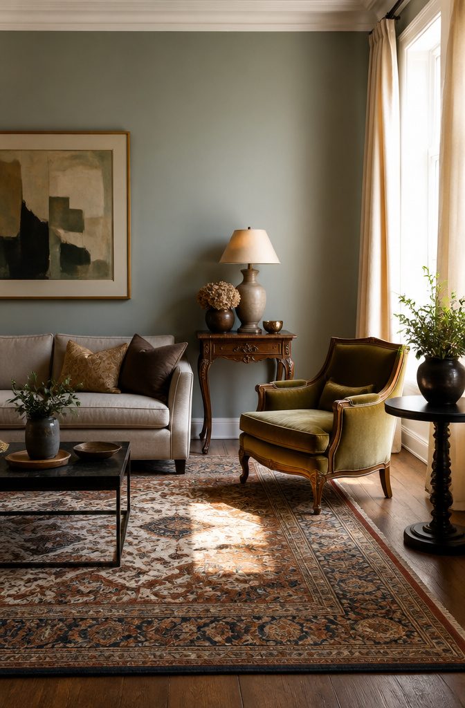 A beautifully styled living room showcasing modern and vintage furniture.