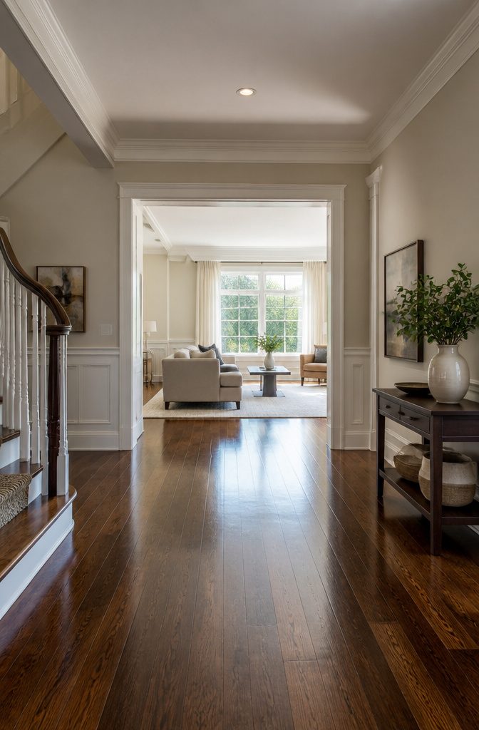 A front-facing living room near the entrance of a home.