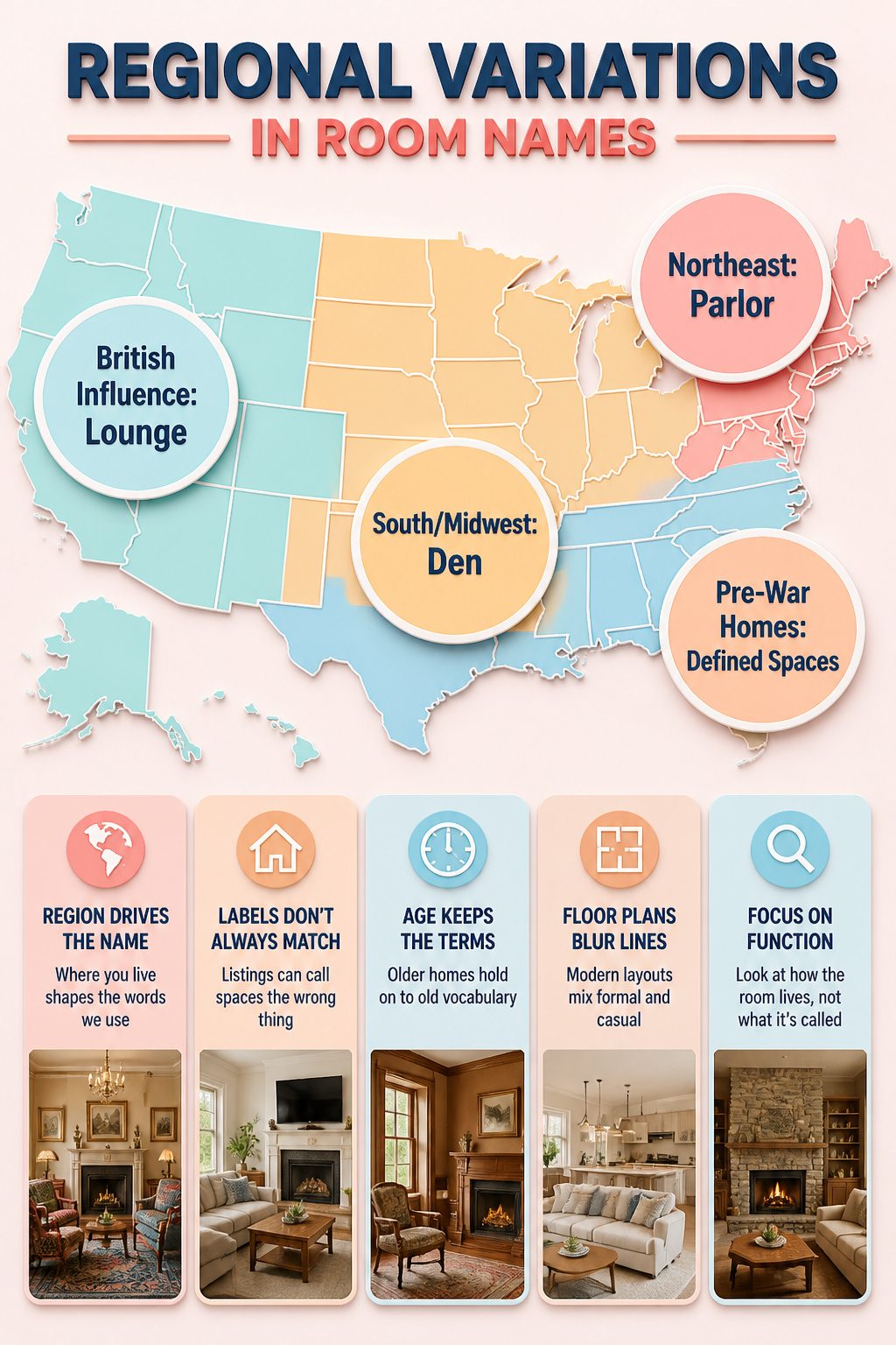 An infographic displaying different room names used across various U.S. regions.