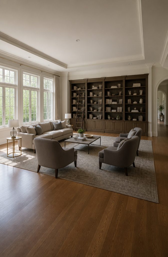 A large living room filled with various seating options and a coffee table.