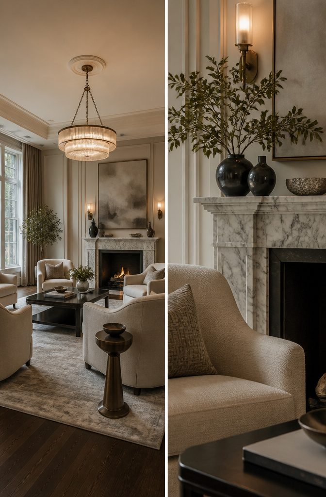 A refined living room with stylish furniture and decorative accents.