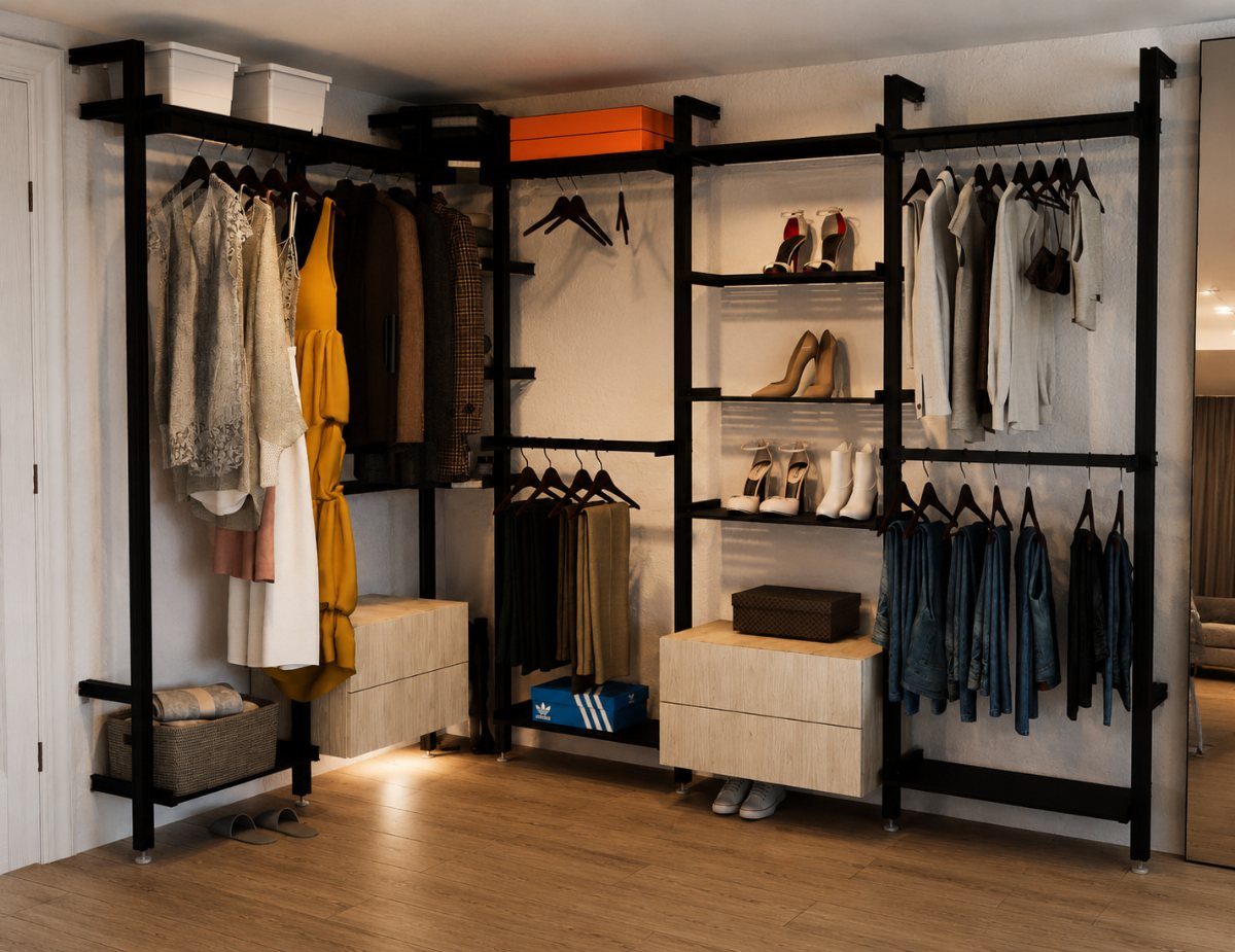 Black metal modular closet system with hanging clothes, shoes on shelves, and wooden drawers.