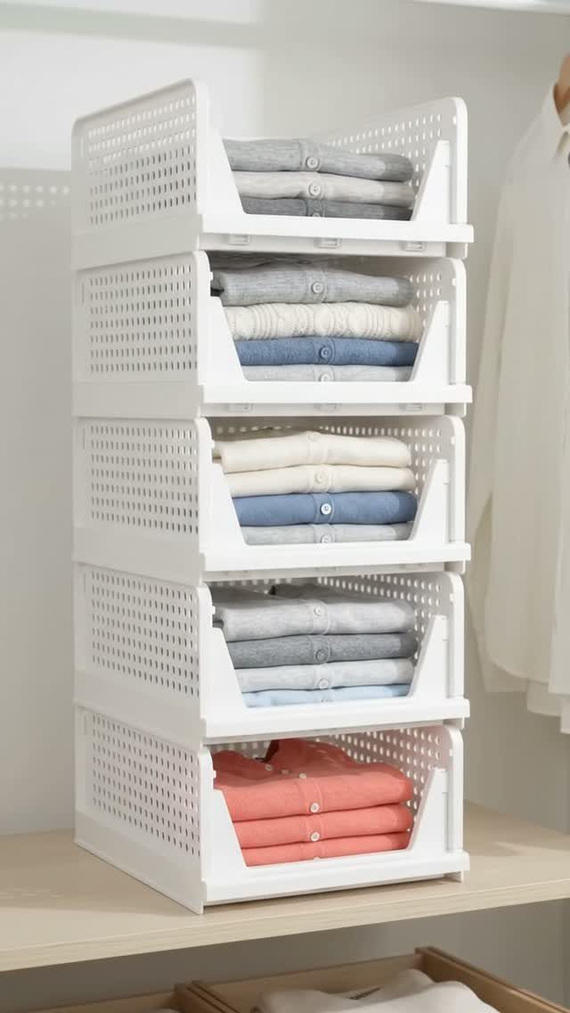 Stacked white perforated plastic bins holding neatly folded shirts on a wooden closet shelf.