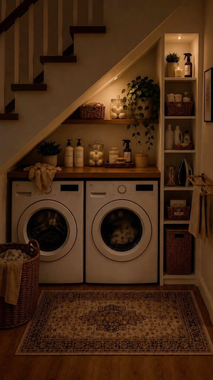 White washing machines installed under a staircase with wooden shelving and a rug.