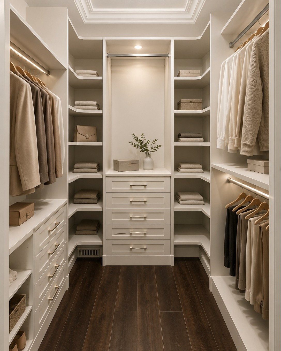 White walk-in closet with double hanging rods, shelving, and dark wood floors.