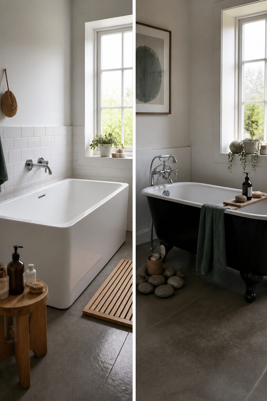 A side-by-side view of acrylic and cast iron bathtubs.