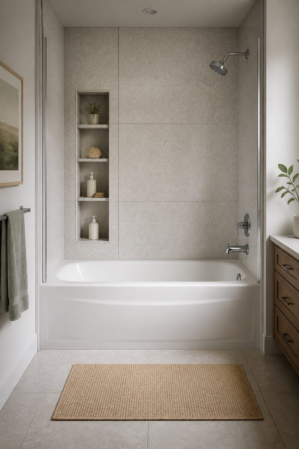 A sleek tub-shower combo with engineered stone tiles and integrated shelves.