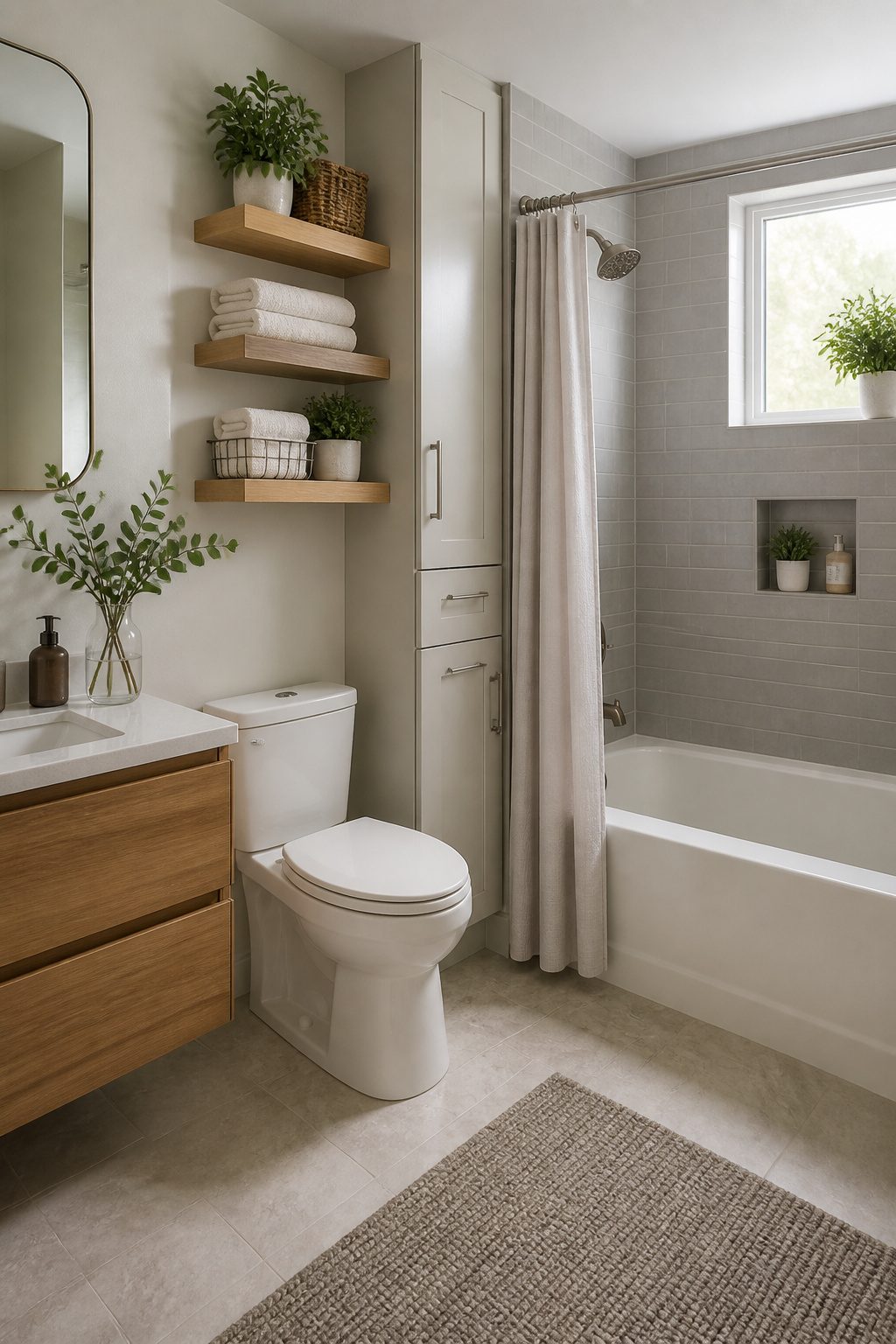Tall cabinets and floating vanities for storage in a small bathroom.