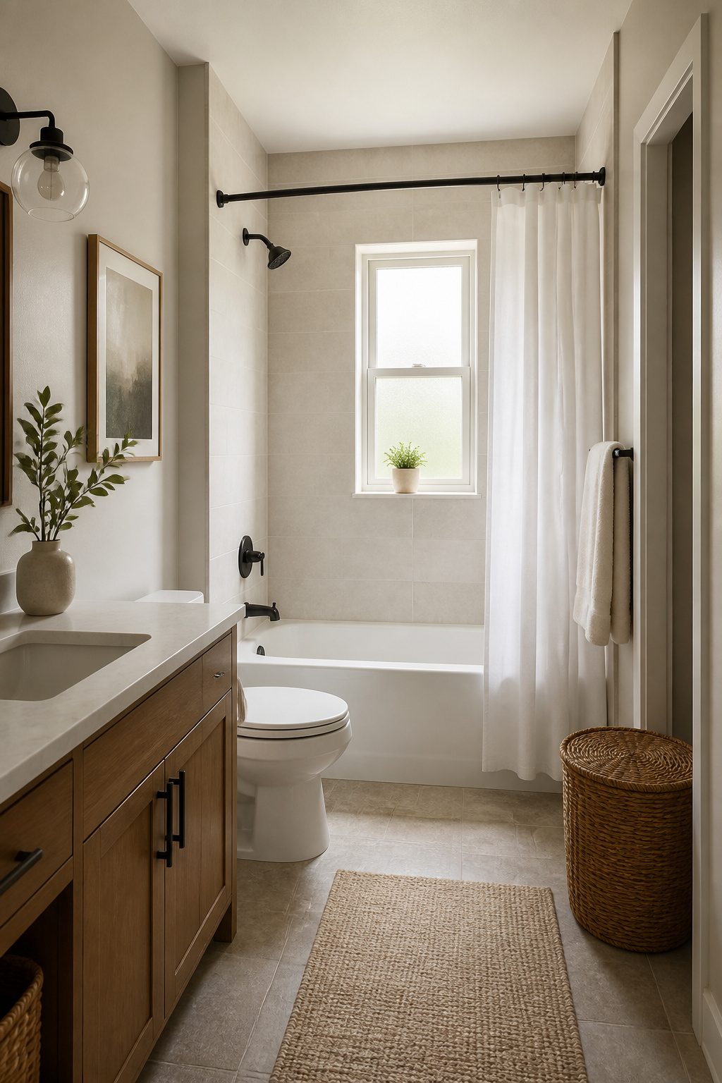 A sleek alcove bathtub fitted between three walls in a small bathroom.