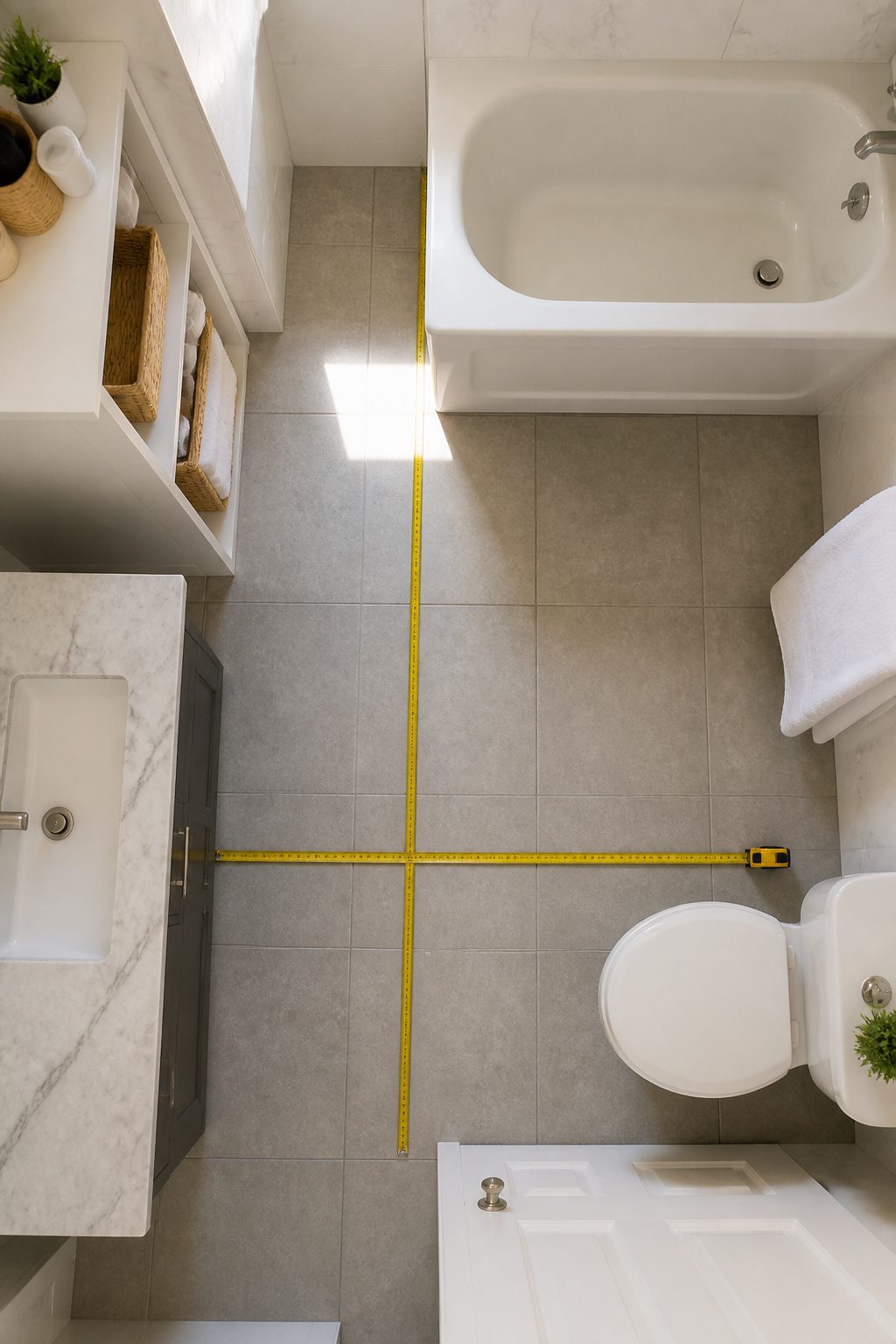 A person measuring a small bathroom for a tub installation.