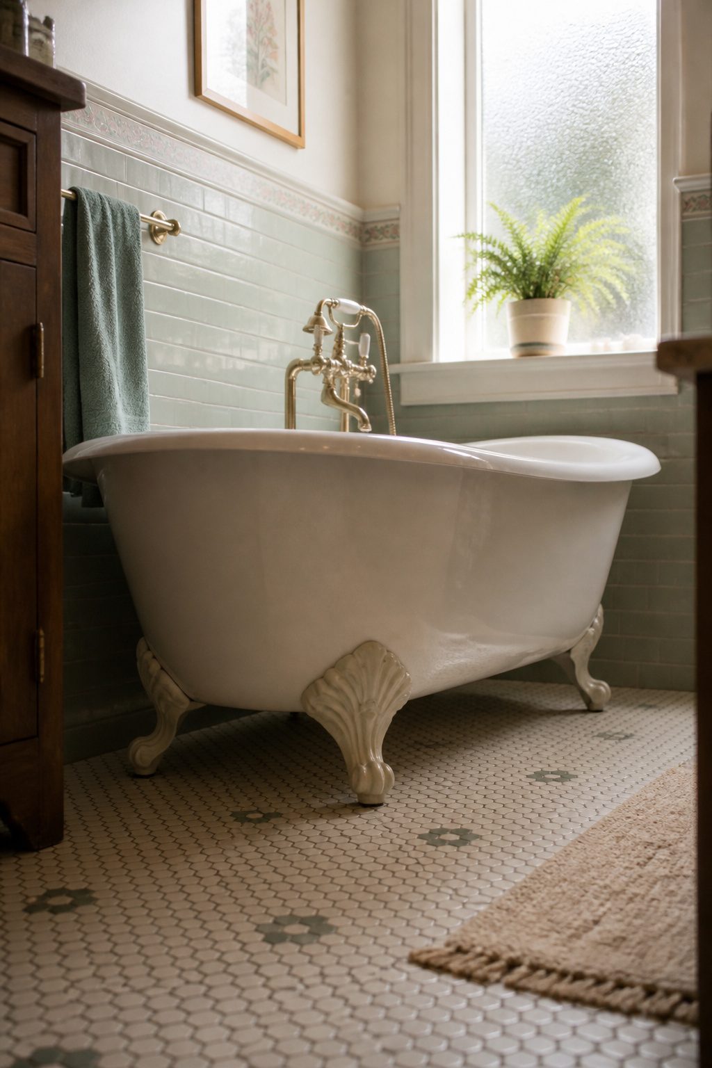 A clawfoot bathtub with a raised base in a small vintage-style bathroom.