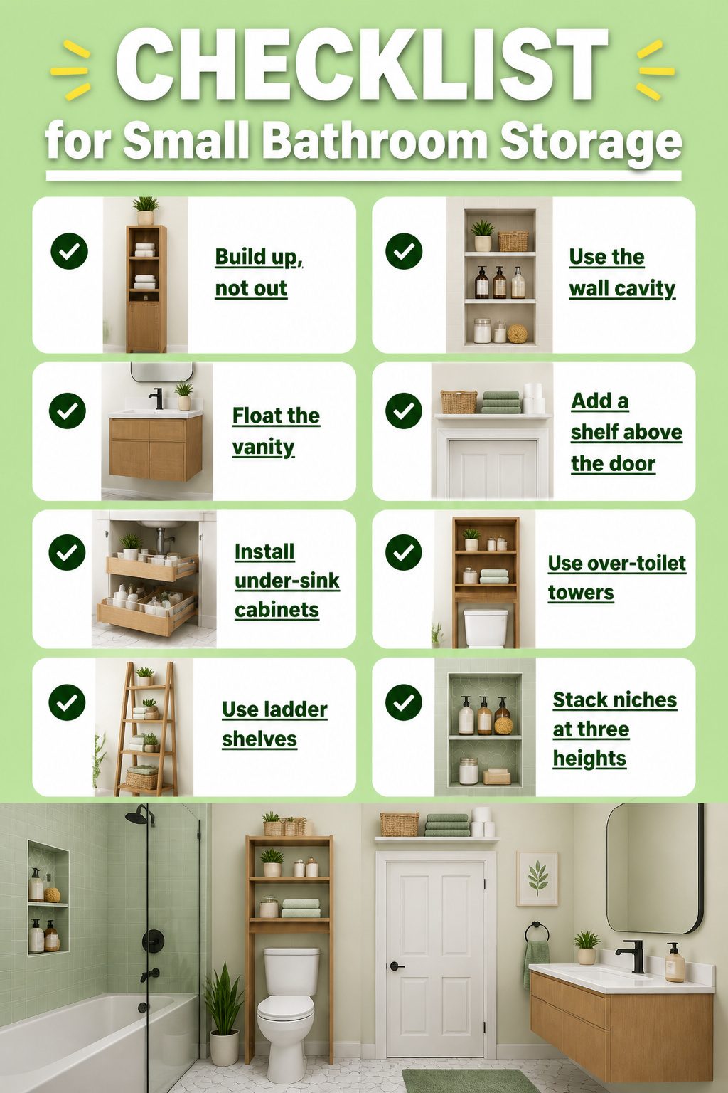 Checklist for effective storage solutions in a small bathroom.