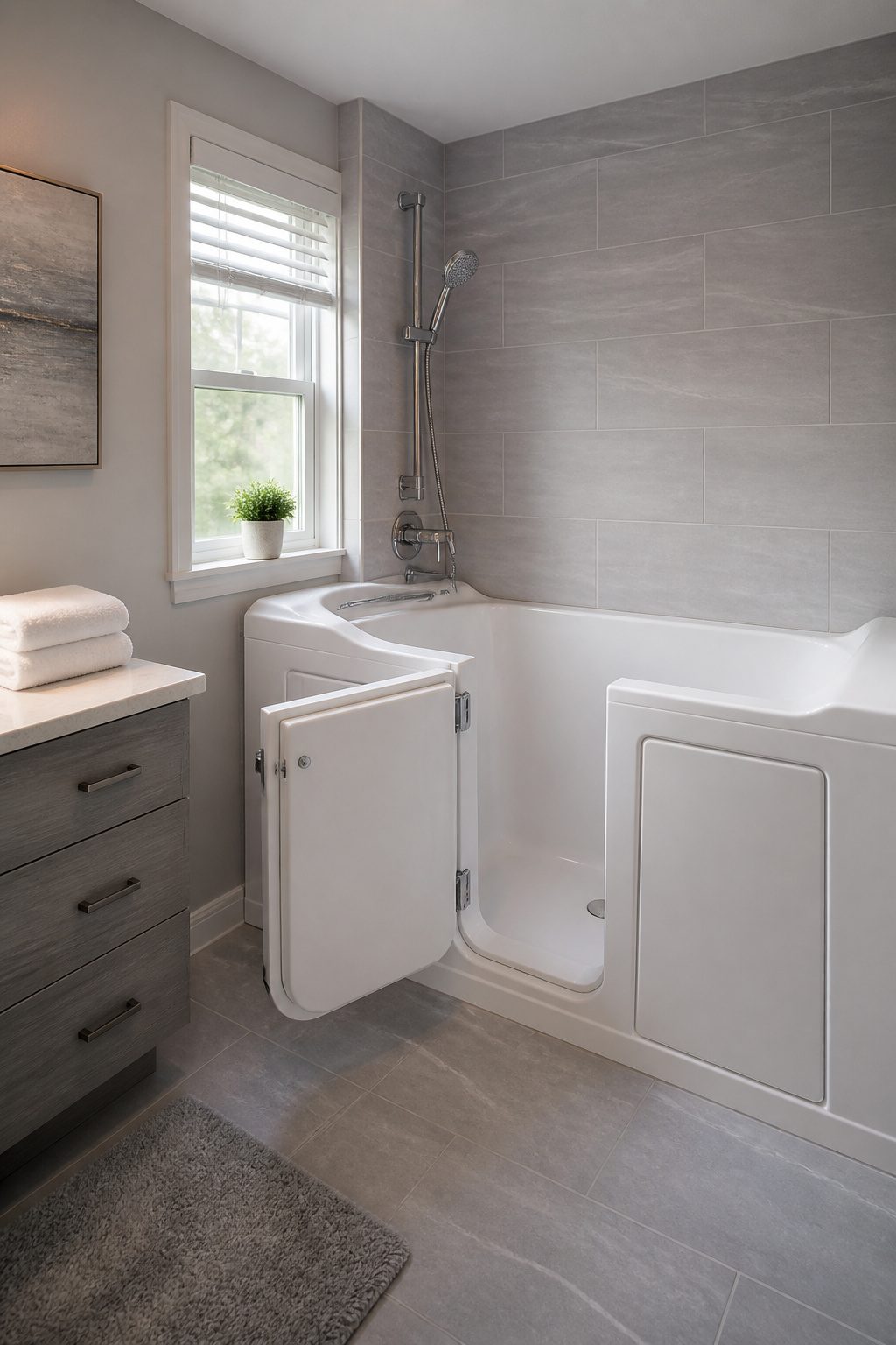A walk-in bathtub with an outward-swinging door in a stylish bathroom.