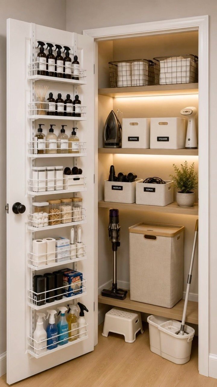 Organized small cleaning closet with door racks and shelves holding supplies and vacuum.