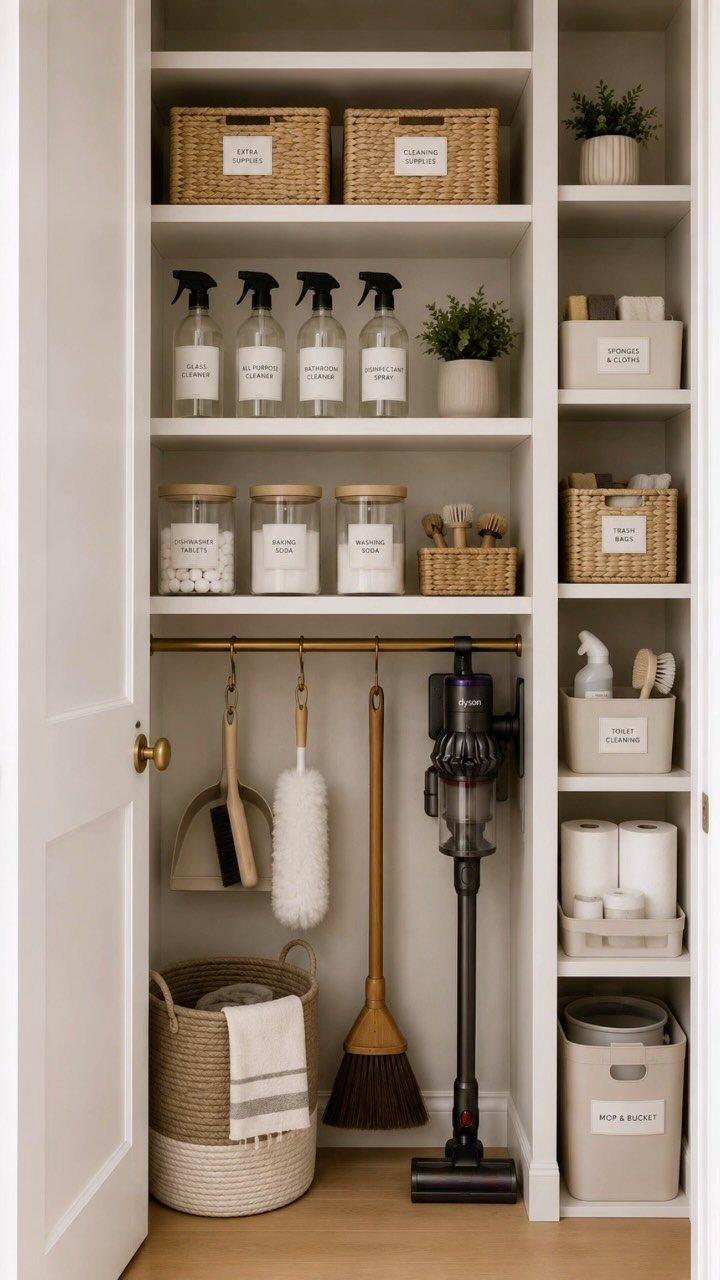 Organized white cleaning closet with labeled supplies, vacuum, broom, and storage baskets.