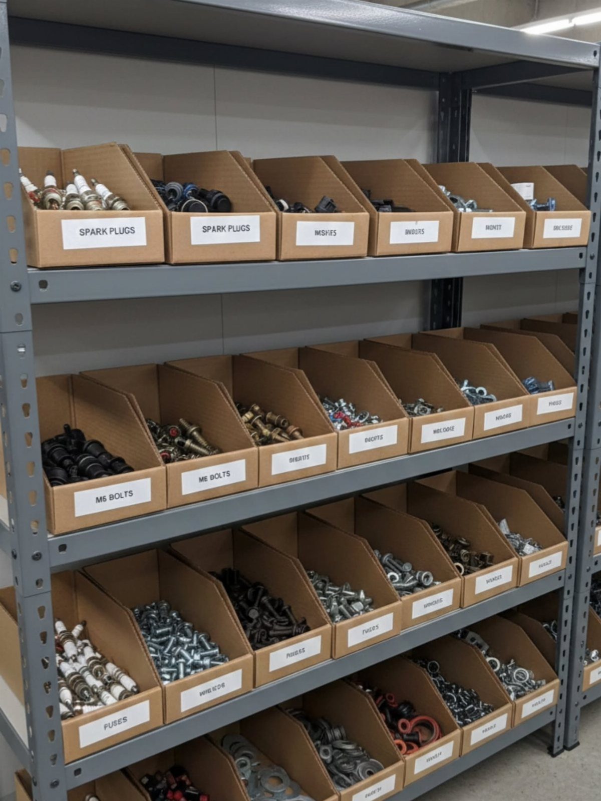 Brown cardboard bins with white labels holding metal hardware on grey metal shelves.