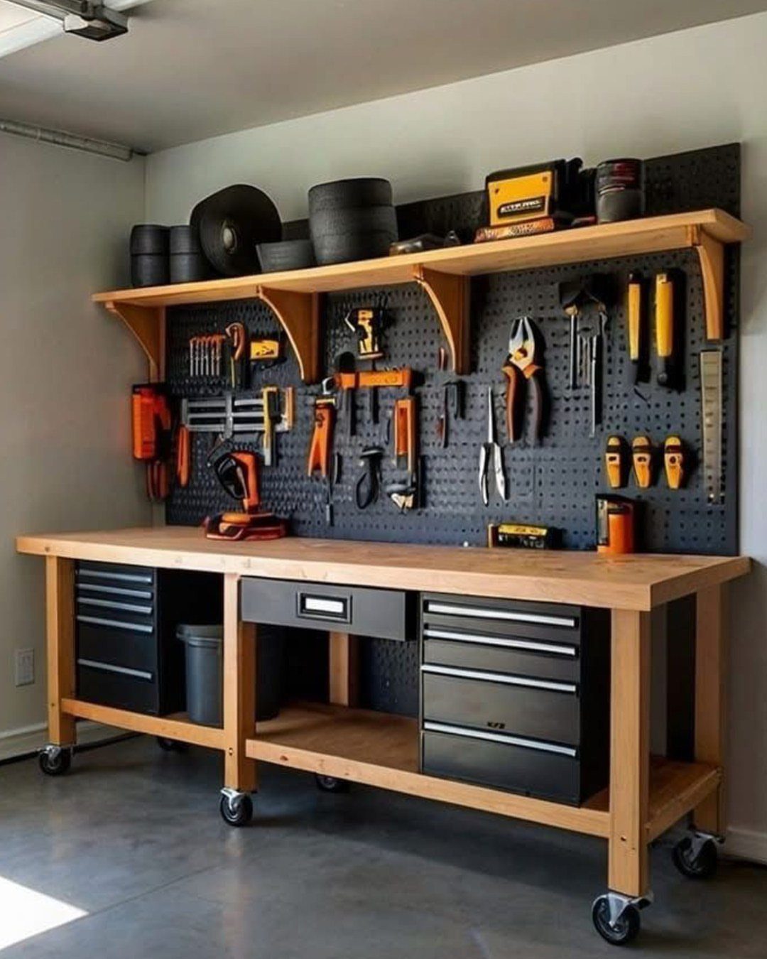 Wooden workbench with black drawers and a tool-filled pegboard on the wall.