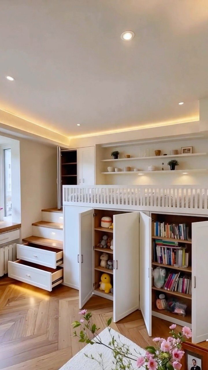 White loft bed with integrated under-bed storage cabinets and storage drawers in the stairs.