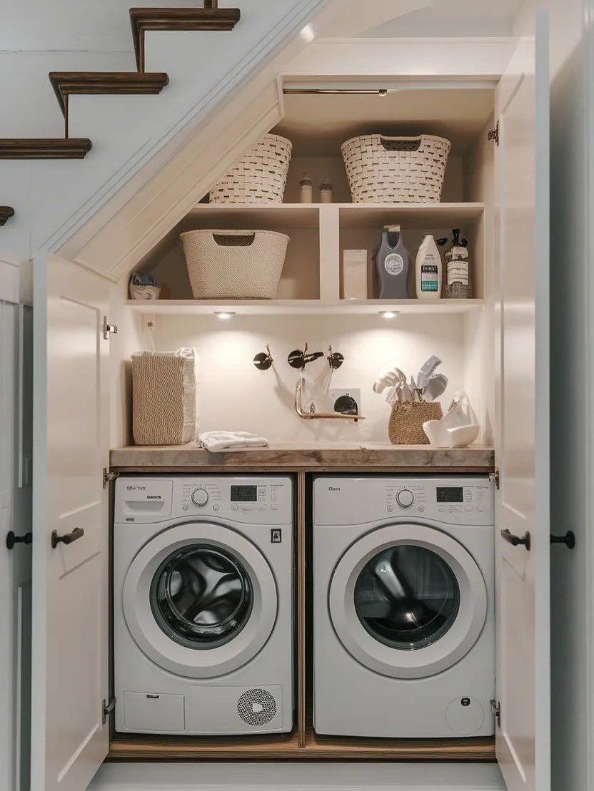 Laundry machines and shelving installed in a custom storage closet under a staircase.