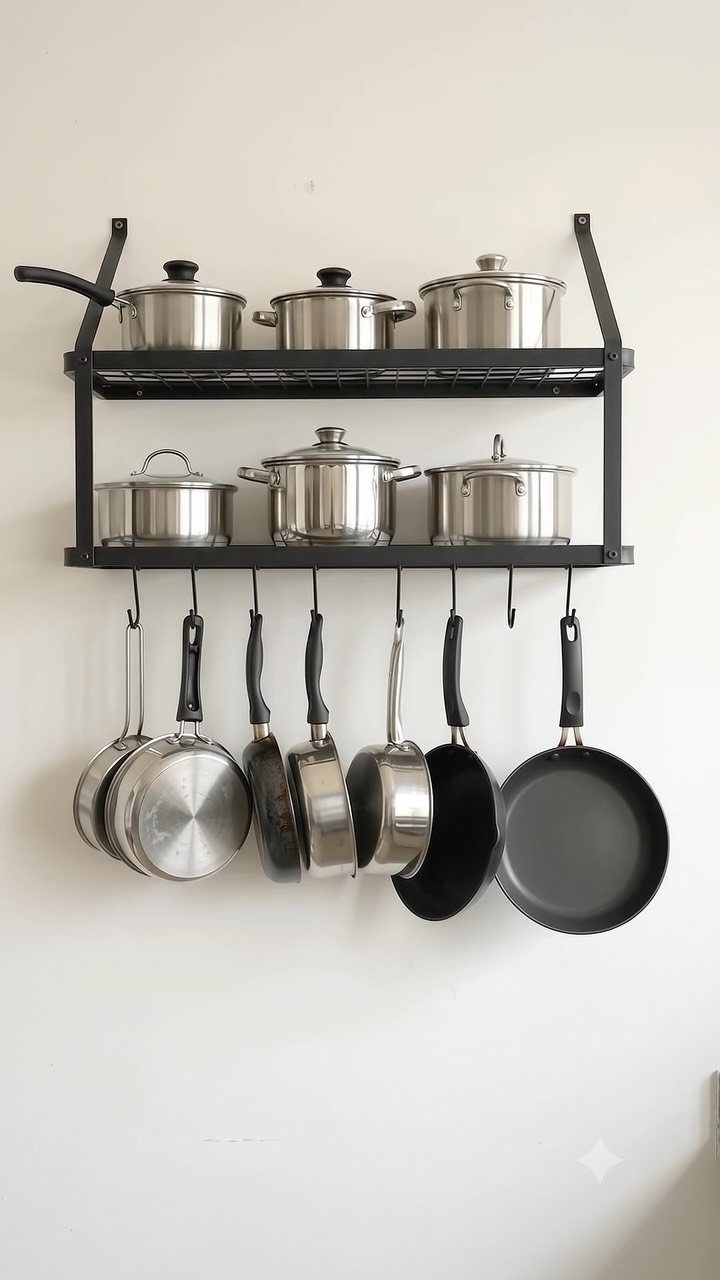 Black metal wall-mounted pot rack holding stainless steel pots and frying pans.