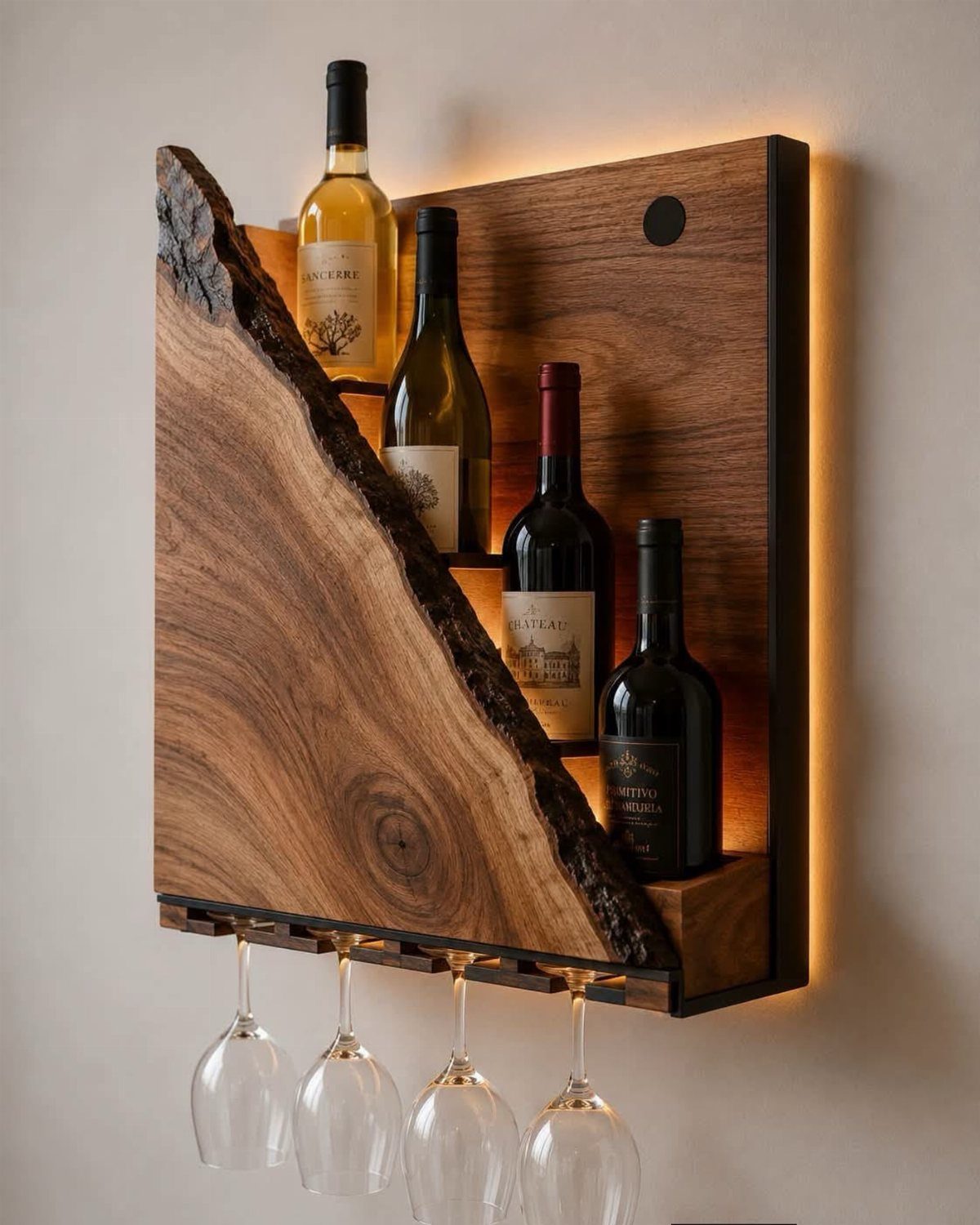Wall-mounted wooden wine rack holding four bottles and four hanging wine glasses.